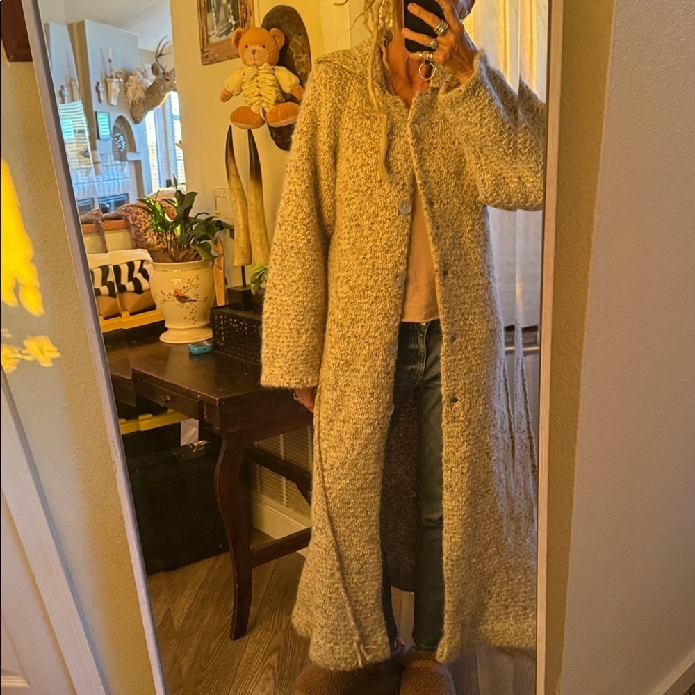 Handmade one of a kind knit Long Gray Coat duster sweater - Picture 2 of 11